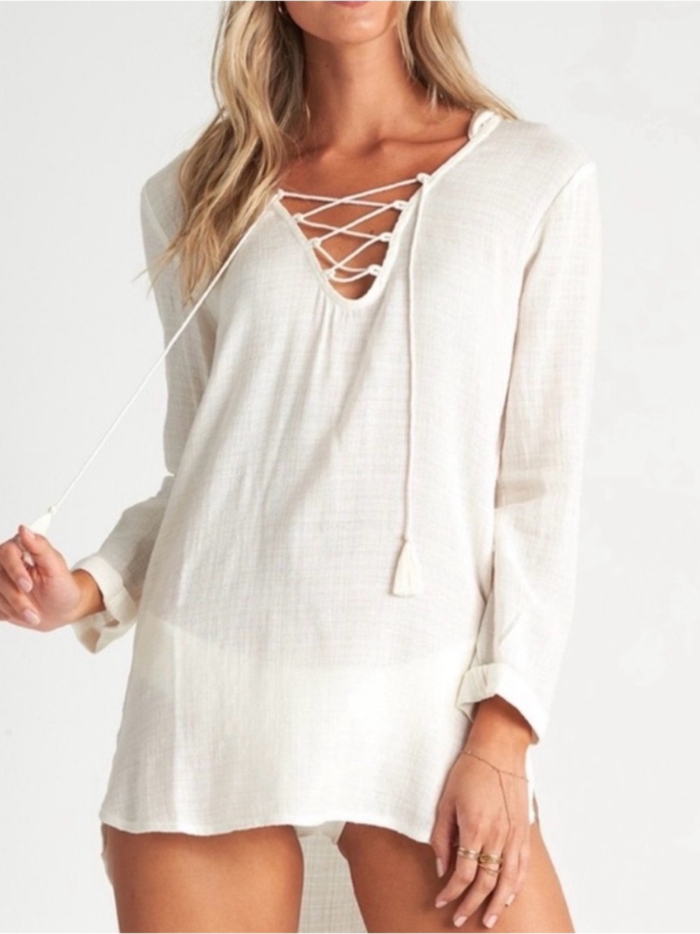 Billabong Cream Lace-Up Beach Cover-Up Tunic